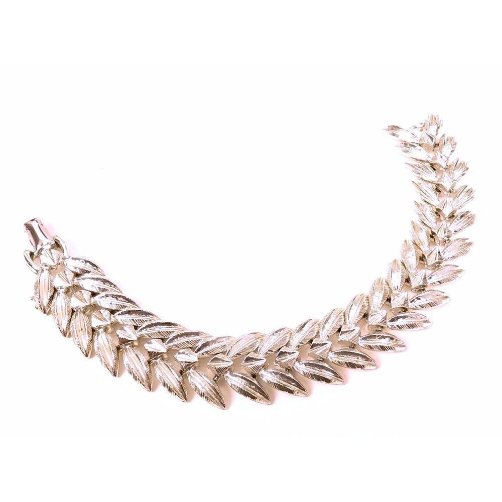 Vintage Coro Designer Signed Shiny Silver Leaf Design Linked Bracelet 7-3/8"